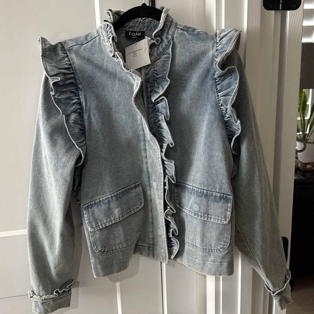Denim zip and/or button ruffle sleeved, collared, and shouldered jacket